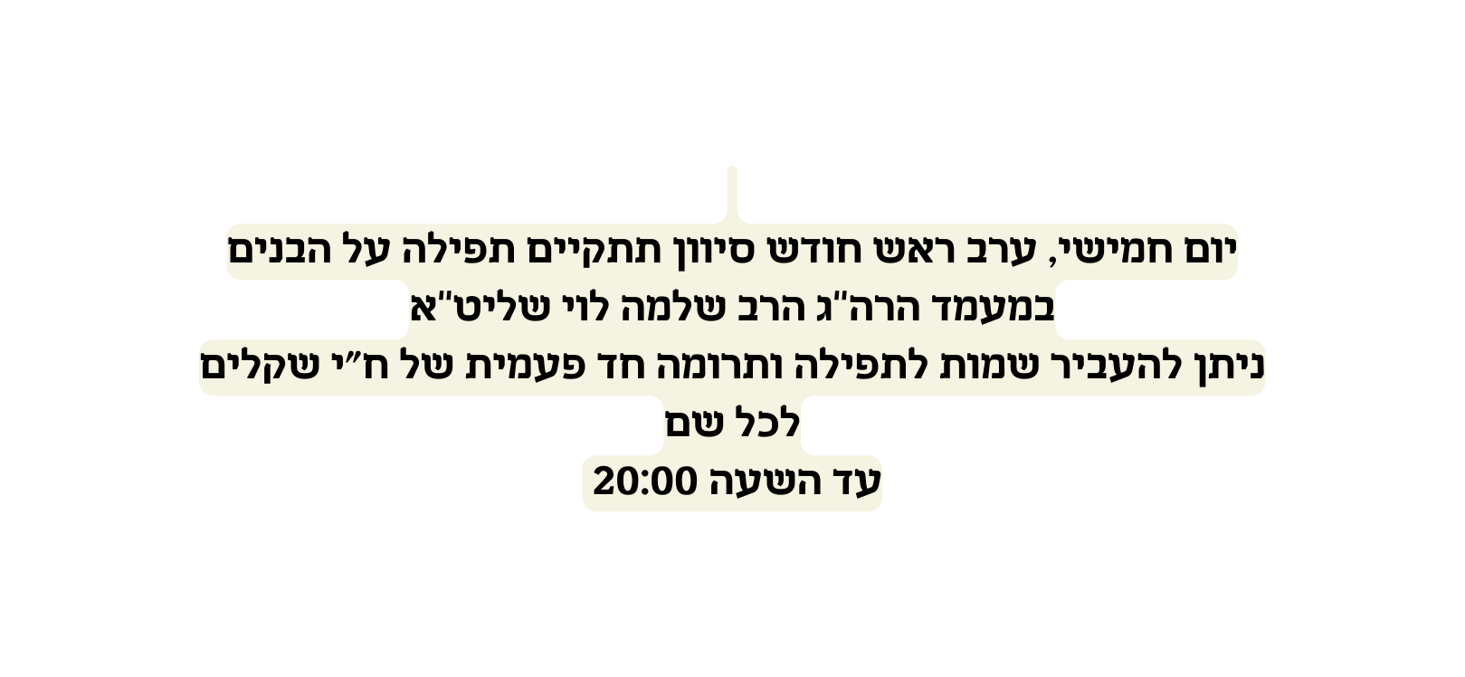 יום חמישי ערב ראש חודש סיוון תתקיים תפילה על הבנים במעמד הרה ג הרב שלמה לוי שליט א ניתן להעביר שמות לתפילה ותרומה חד פעמית של ח י שקלים לכל שם עד השעה 20 00